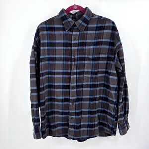 St Johns Bay Vintage Flannel Shirt L Blue Brown Plaid Heavy 100% Cotton VGUC